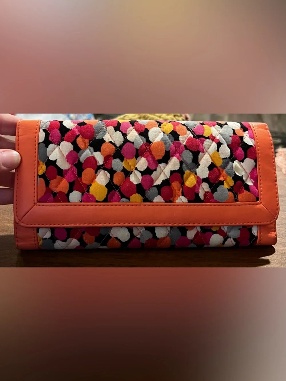 Vera Bradley Trifold Wallet Pixie Confetti Travel Wallet Coral Pink Abstract - Picture 2 of 13